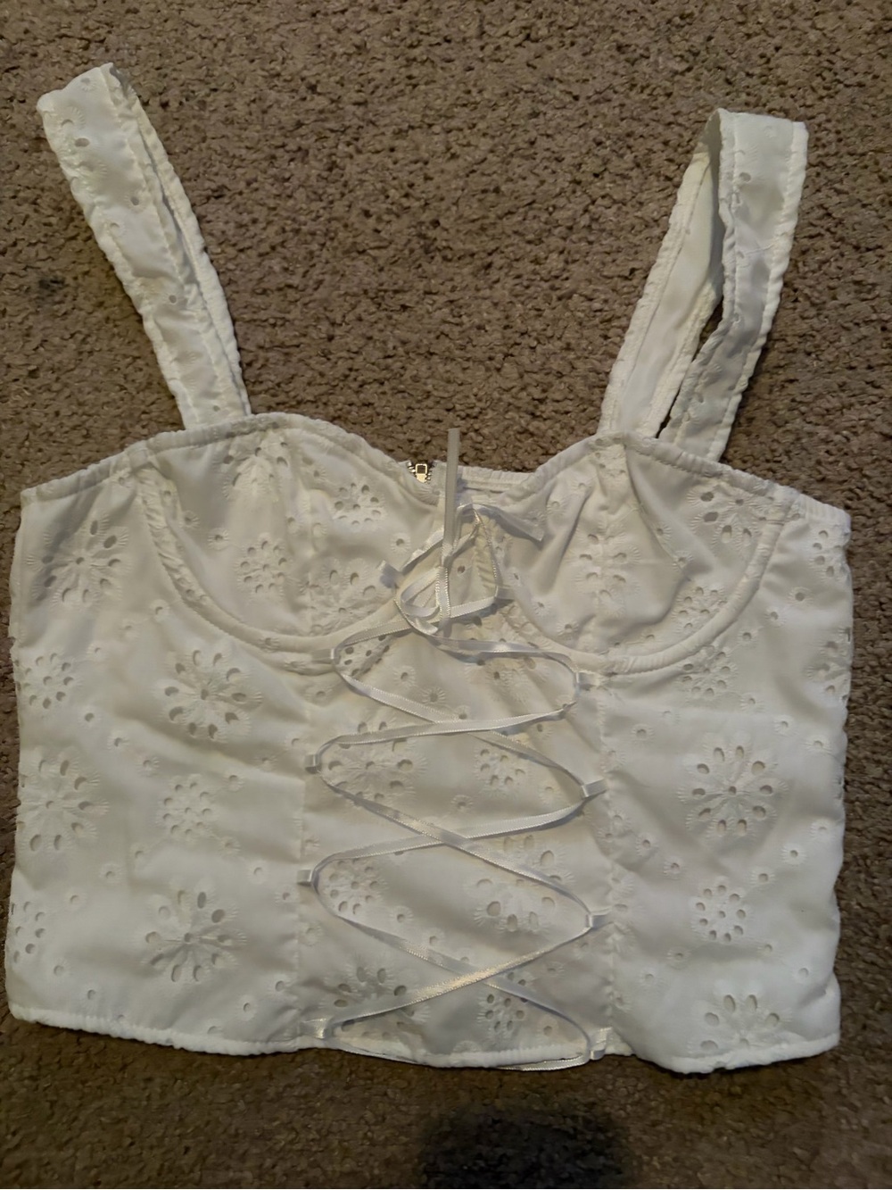 White Eyelet Lace-Up Crop Top